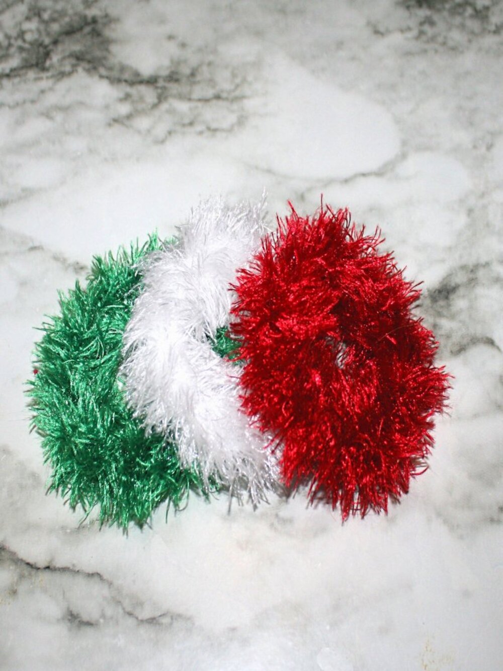 HAND CRAFTED Crochet Scrunchy Xmas Hair Scrunchies Set of 3 Fuzzy Eyelash Yarn